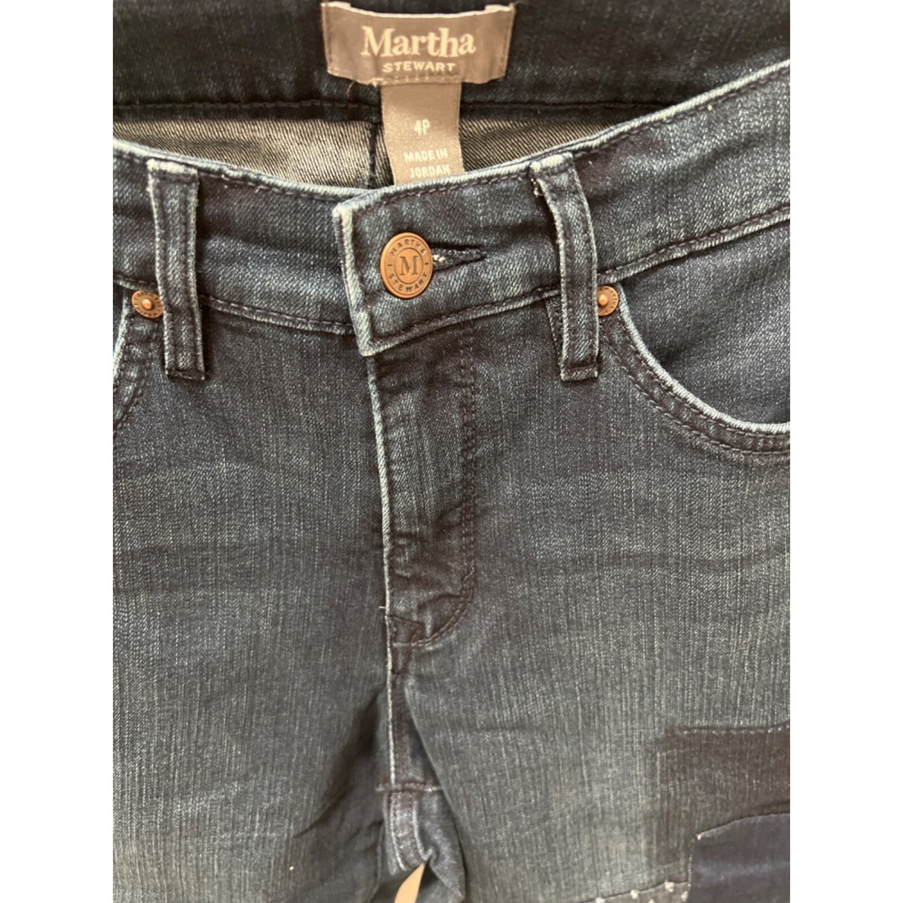 Martha Stewart Womens Jeans Size 4p Blue Denim‎ Patchwork Legs Pockets Zip Front